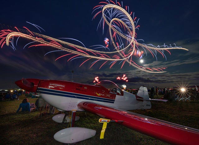 A long exposure captures the drama of the aerial display.