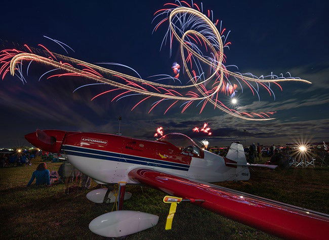 A long exposure captures the drama of the aerial display.