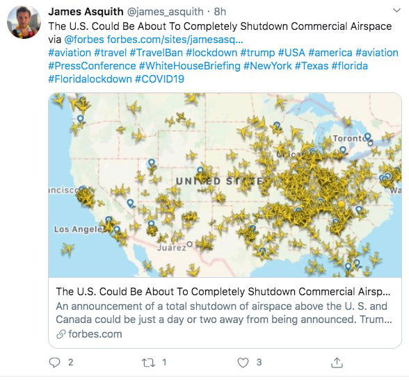 James Asquith's tweet about a possible National Airspace Shutdown
