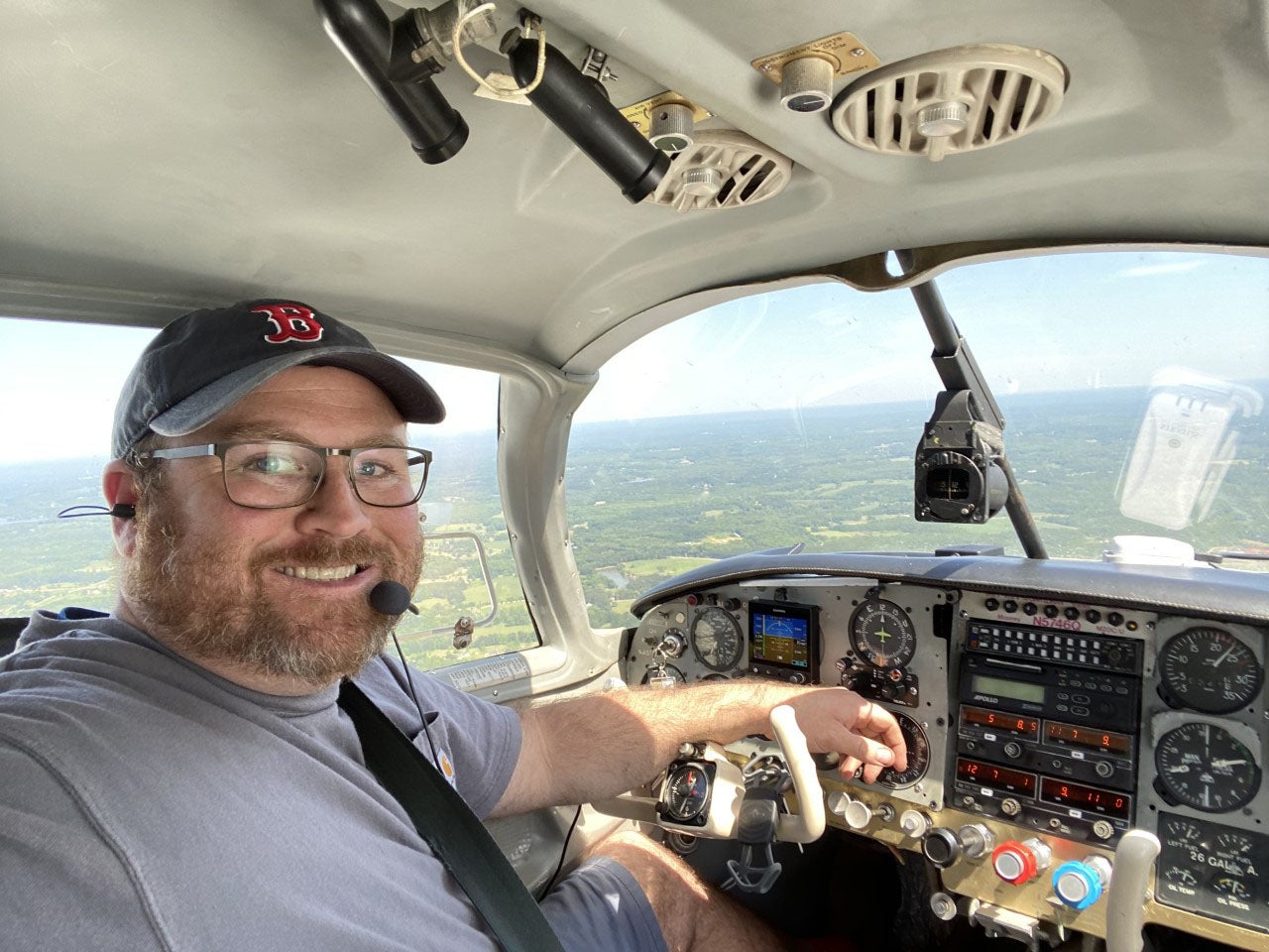 Jeremy King sporting his "quarantine beard" while flying his Mooney.