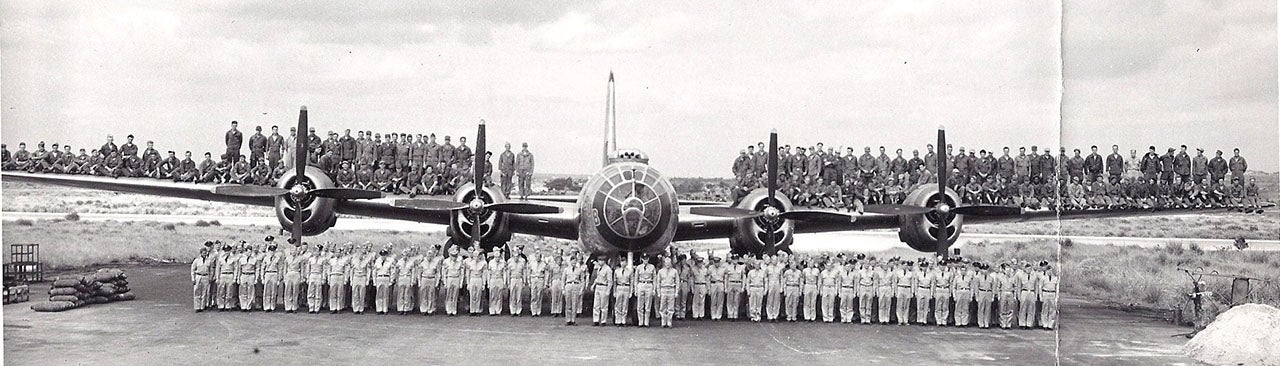 The 19th Bomb Group crew photographed with a B-29 Superfortress in 1951 on Kadena AFB in Okinawa, Japan. Photo courtesy of Wikimedia Commons