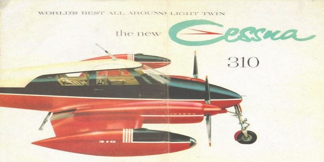 A vintage Cessna ad for its Cessna 310, which was the first really modern light twin. Fast and with a good range and payload, the 310 commanded the market for several years before the Beechcraft Baron and Piper Aztec came along.