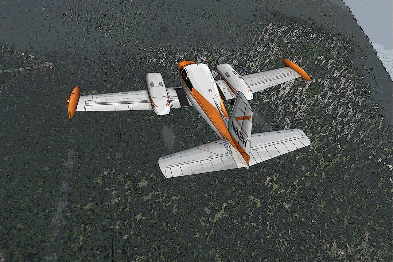A screen capture from a flight simulation game of a early, straight-tail Cessna 310 put together by Ryan Vince and tweaked by digital artist Michael Kline before being modified one last time by the folks at Plane & Pilot. The plane here represents a best-guess depiction of N1812H, a 1959 Cessna 310C that disappeared on a flight from Anchorage to Juneau, Alaska, in 1972 with four aboard, including two U.S. Congressmen, Nick Begich of Alaska and Hale Boggs of Louisiana. Not a single confirmed piece of evidence has ever been found. This is likely what the flight that day looked like, with weather reported to be at least this bad.