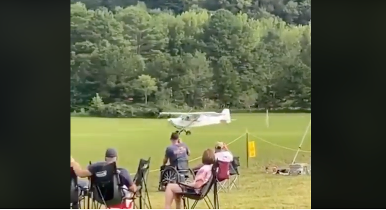 Screencap of a taildragger flying without a tailwheel.