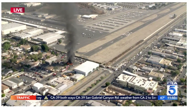 A screencapture of news coverage of a plane crash short of Whiteman Airport.