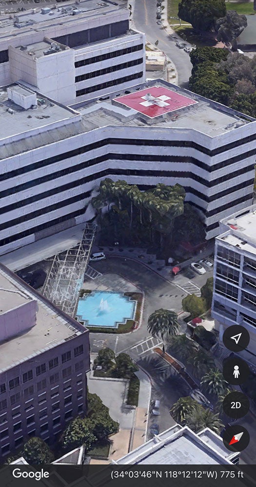 USC Keck Hospital in Los Angeles, the site of a helicopter crash on November 8, 2020. Photo via Google Earth
