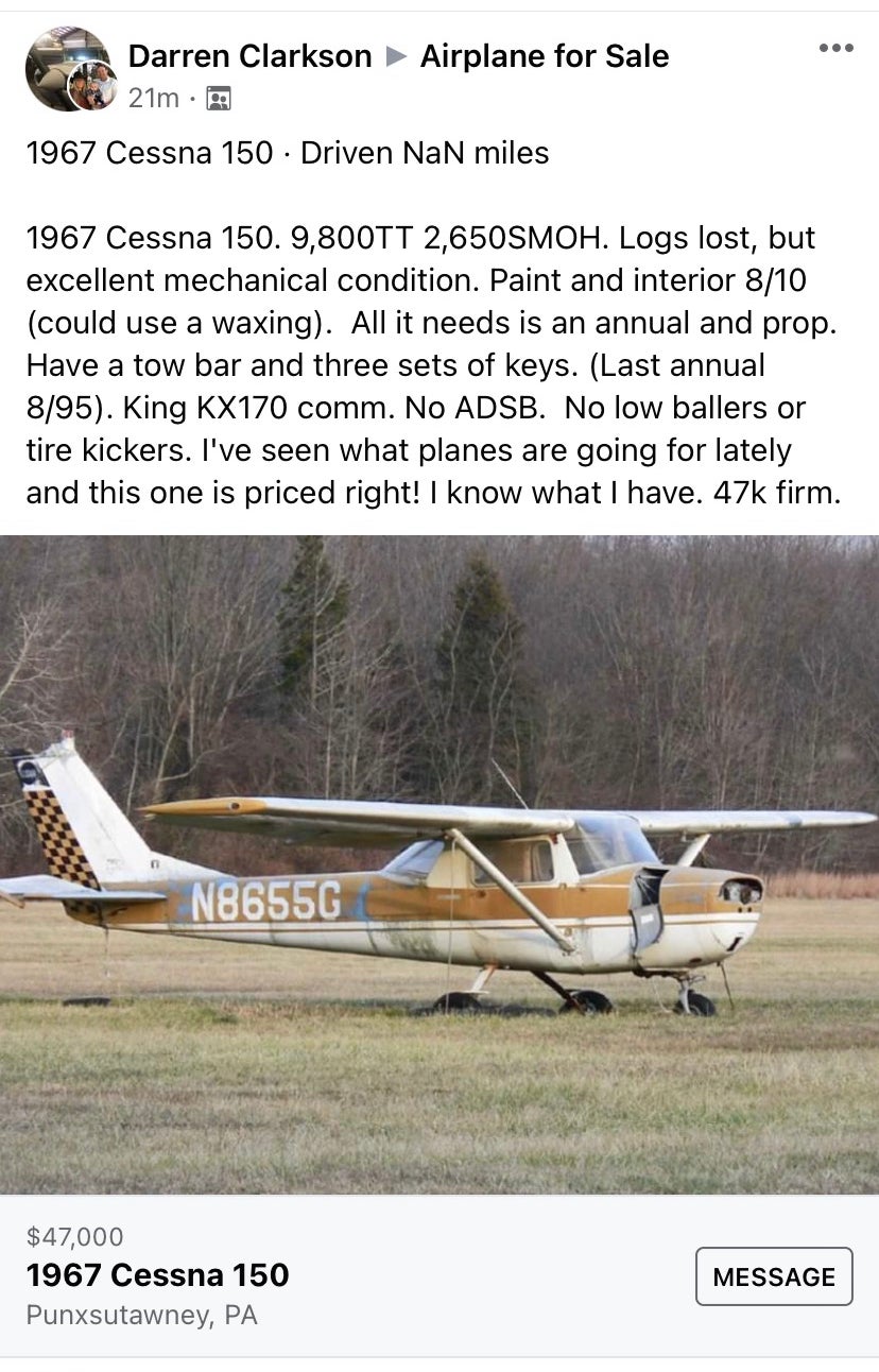 A fake airplane ad featuring a one-day-only sale for a 1967 Cessna 150.