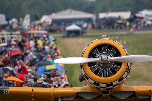 Checkerboard cowling North American AT-6 with showgoers 