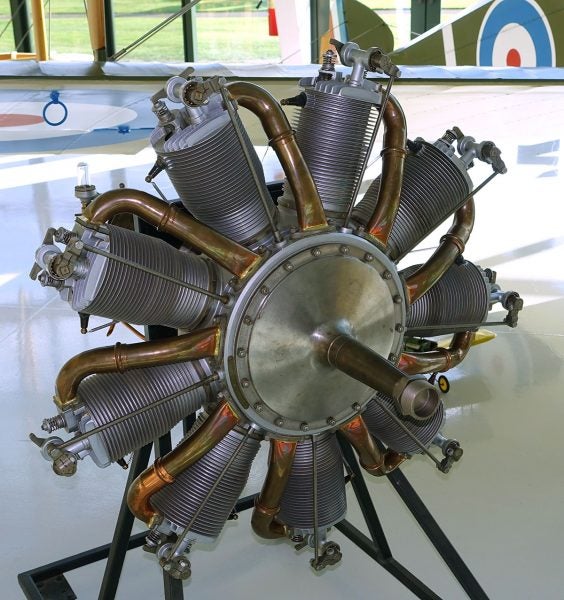 Rotary engines like this nine-cylinder Le Rhône ruled the skies in WWI but gave way to more practical designs even before the war's end. Photo courtesy Evergreen Aviation and Space Museum